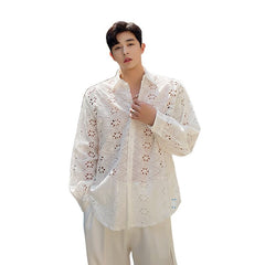 Advbridge Men Niche Ins Net Celebrity Hollow Long Sleeve Loose Casual Shirt Male Beach Shirt Korean Streetwear Fashion Vintage Shirts