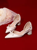 Advbridge Cute Sandals White Satin  Buckle Strap Dress Bride Minority Bridesmaid Summer Pearls Bow Thick Heel Women's Middle Heel