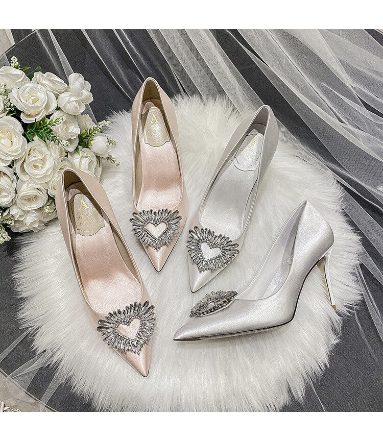 Advbridge French Main Wedding Wedding Shoes Bridesmaids Shoes Champagne Crystal Diamond Button Dress Single Shoes Satin White Heels