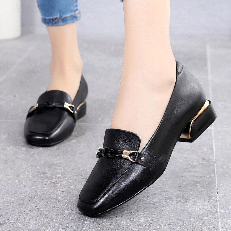 Advbridge Fashion New First Layer Cowhide Leather Single Shoes Autumn Mid-heel Comfortable and Elegant Leather Shoes Ladies Loafers