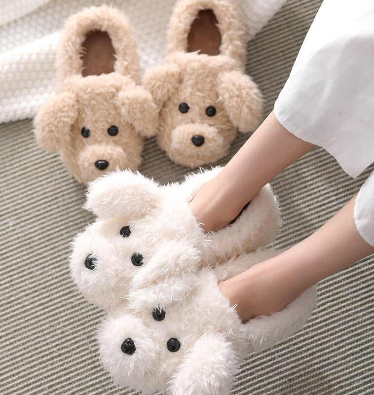 Advbridge Winter Home Slippers Warm Shoes Fashion Women Men Non-Slip Dog Cute Fur Soft Sole Indoor Bedroom House Couple Female Slides