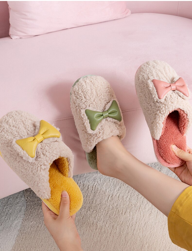 Advbridge Winter Warm Home Slippers Bowknot Cotton Shoes Cute Lovely Cartoon Indoor Bedroom House Women Men Lovers Fur Slides Slippers