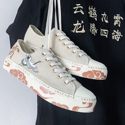 Advbridge High-Top Canvas Shoes Women's Shoes Chinese Style Retro Chic Sneakers Girls Gumshoes Floral Crane Female Leisure Shoe 35-40