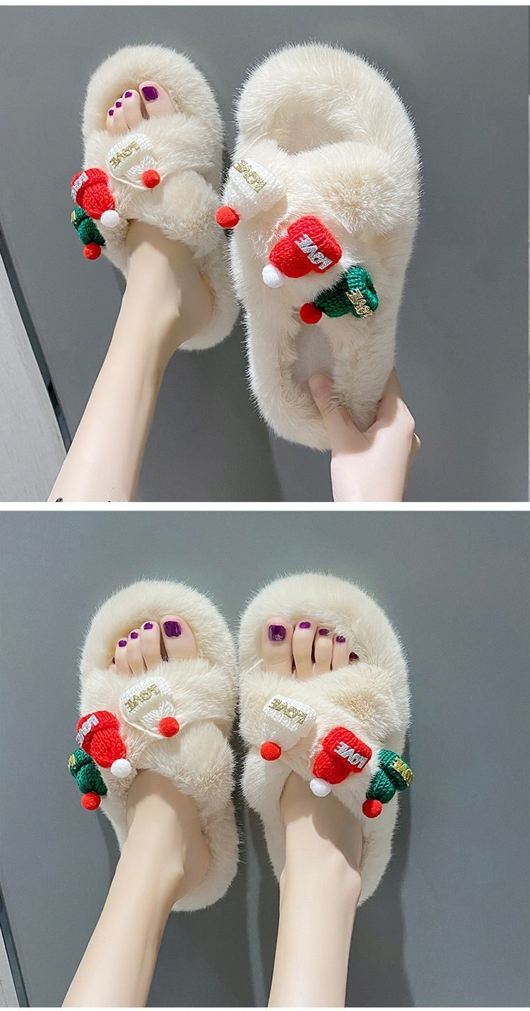 Advbridge Christmas Slippers Women Soft Faux Fur Cross Indoor Floor Slides Ladies Warm Fluffy Outdoor Slippers Female Cozy Shoes Flip Flop