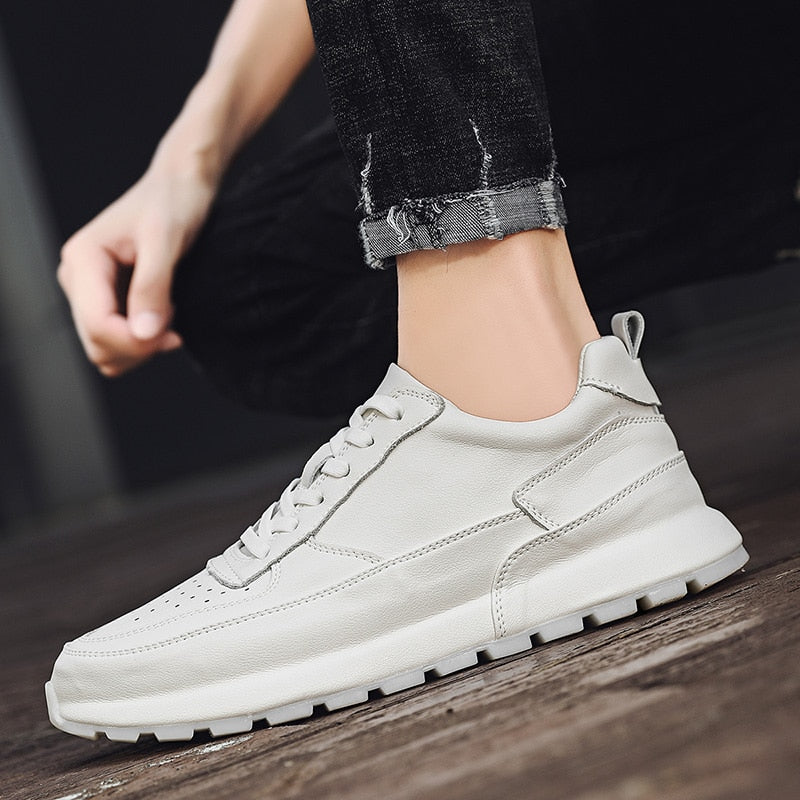 Advbridge Classic White Shoes Men Lace-up Solid Sneakers Male Casual Genuine Leather Flats Soft Low Top Light Leisure Walk Board Shoes