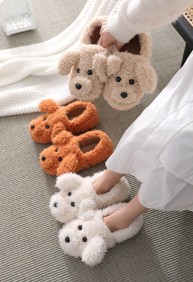 Advbridge Winter Home Slippers Warm Shoes Fashion Women Men Non-Slip Dog Cute Fur Soft Sole Indoor Bedroom House Couple Female Slides