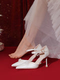 Advbridge White Silk Satin Wedding Shoes Summer Women's New French High-heeled Bride's Shoes with A Line with Sandals with Skirts