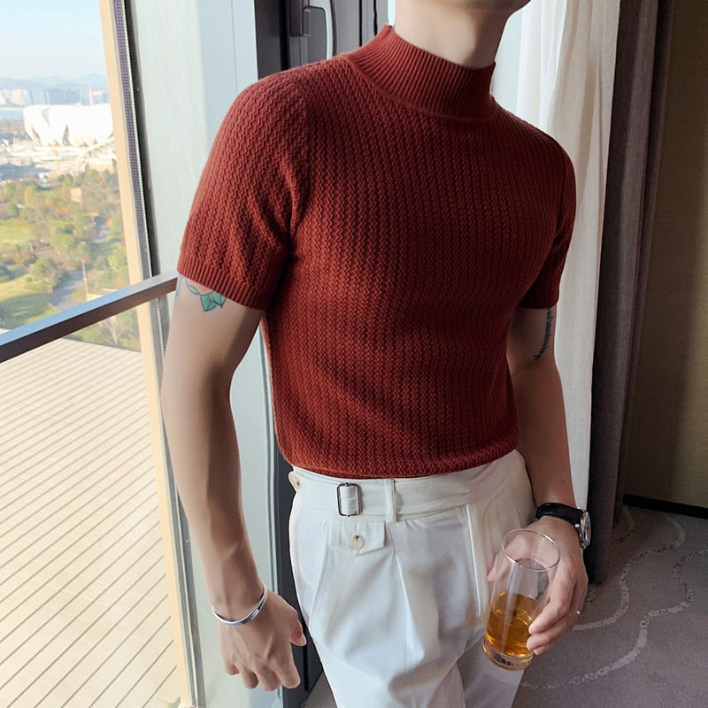 Advbridge Autumn New Short Sleeve Knitted Sweater Men Tops Clothing All Match Slim Fit Stretch Turtleneck Casual Pull Homme Pullovers