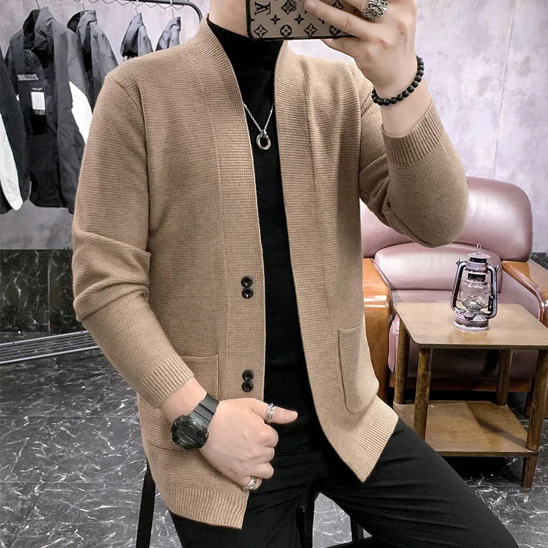 Advbridge High Quality Cardigan Men Fashion Korean V Neck Slim Fit Solid Casual Sweaters Front Pocket Sweater Youth Clothing 3XL