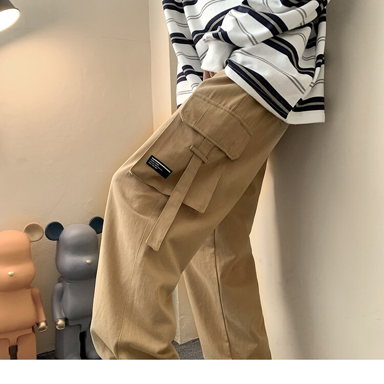 Advbridge Men's Loose Overalls Cargo Pocket Decoration Casual Pants Hip Hop Joggers Sweatpants Fashion Homme Elastic Waist Trousers