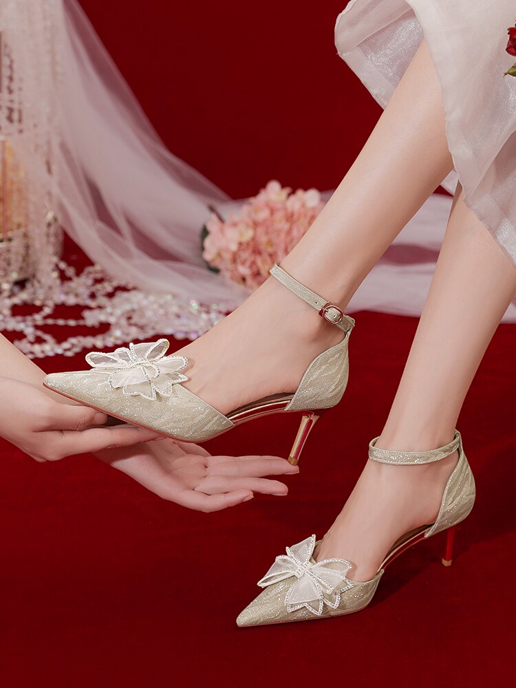 Advbridge Daily Wedding Shoes French Bride Crystal Shoes Minority Dress Shoes Summer Rhinestone Bow High-heeled Sandals Fairy Style