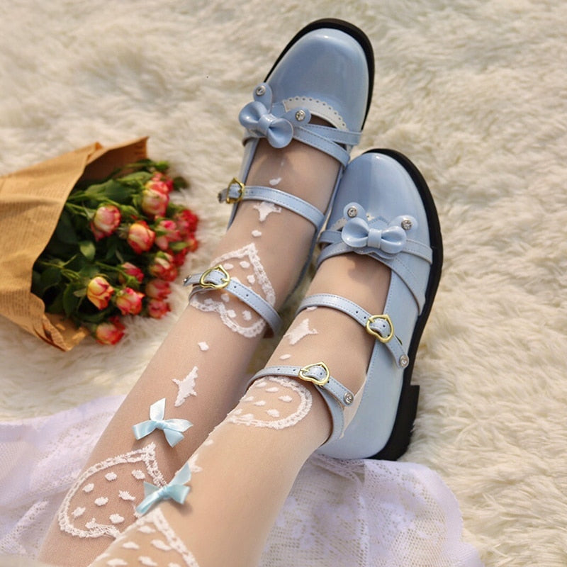 Advbridge Kawaii Lolita Shoes Flower Cross Buckle Bow Sweet Student Round Head Middle Heel Loli Shoe Jk Uniform Female Summer Cosplay Goth