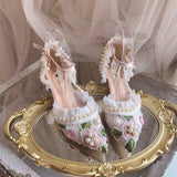 Advbridge Sweet Woolen Flower with Pearl High Heels Woman Beads Tassel Ankle Strap Pointed Toe Cup Heels Pink Satin Wedding Pump Shoes