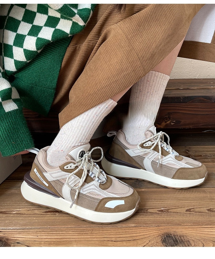 Advbridge Casual Sneakers Women Suede Leather Patchwork Mixed Colors Lace-Up Round Toe Platform Shoes Lady Flats Handmade