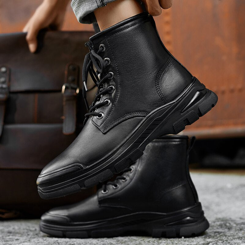 Advbridge Fashion Men Boots Real Leather Warm Ankle Boots High Top Waterproof Motorcycle Boots Lace-up Motocross Boots Sale Winter Boots