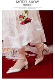 Advbridge Cute Sandals White Satin  Buckle Strap Dress Bride Minority Bridesmaid Summer Pearls Bow Thick Heel Women's Middle Heel