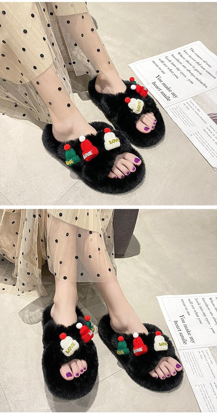 Advbridge Christmas Slippers Women Soft Faux Fur Cross Indoor Floor Slides Ladies Warm Fluffy Outdoor Slippers Female Cozy Shoes Flip Flop