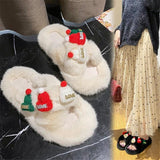 Advbridge Christmas Slippers Women Soft Faux Fur Cross Indoor Floor Slides Ladies Warm Fluffy Outdoor Slippers Female Cozy Shoes Flip Flop