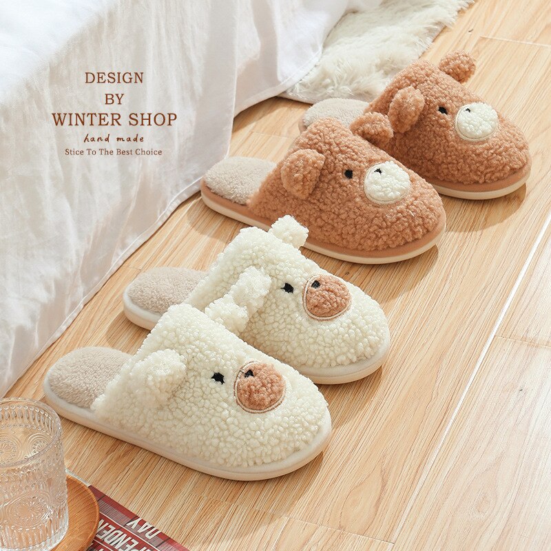 Advbridge Winter Home Cotton Slippers Warm Shoes Cute Bear Non-Slip Fur Soft Sole Indoor Bedroom House Women Men Couple Female Slides