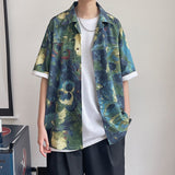 Advbridge Cuban Collar Oil Painting Shirts Summer Ice Silk Short Sleeve Full-print Top Loose Thin Half-sleeved Shirt Oversize Mens Clothes