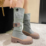 Advbridge Retro Denim Chunky Platform Boots Women Autumn Patchwork Western Style Cowboy Boots Woman Thick Heels Mid Calf Botas