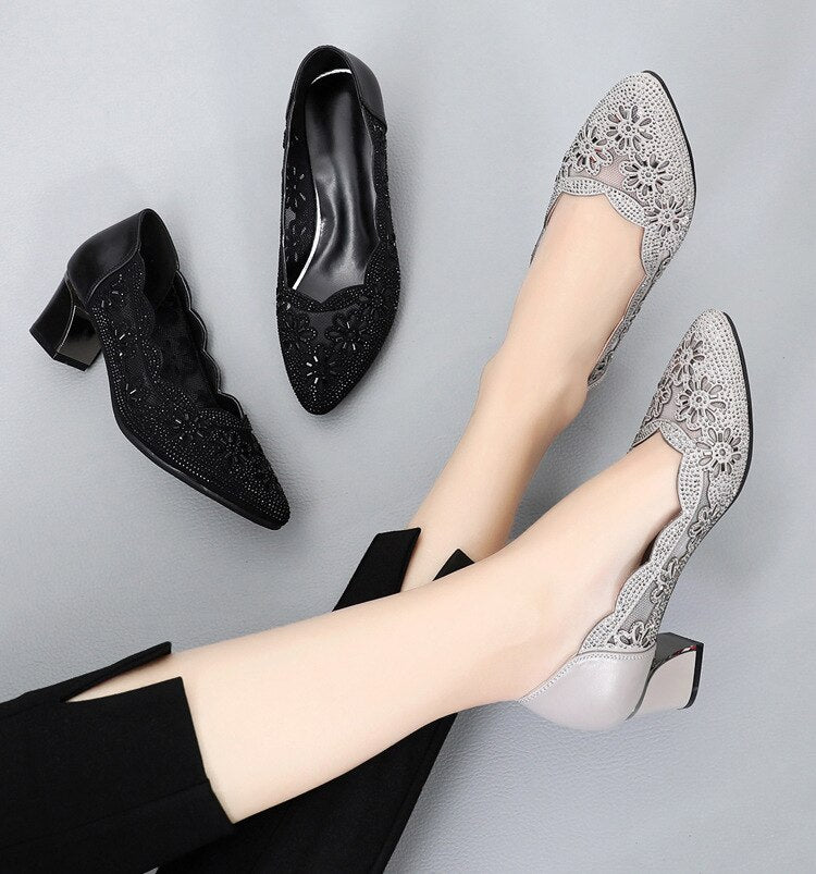 Advbridge Summer Fashion Hollow Out Genuine Leather Pumps Women Shoes Med Heels Square Diamond Mesh Ladies Office  Crystal Pointshoes