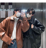 Advbridge All Match Autumn Winter Fashion Men Solid Casual Shirt Loose Pockets Safari Style Leather Jacket Coat Cool Boy Soft