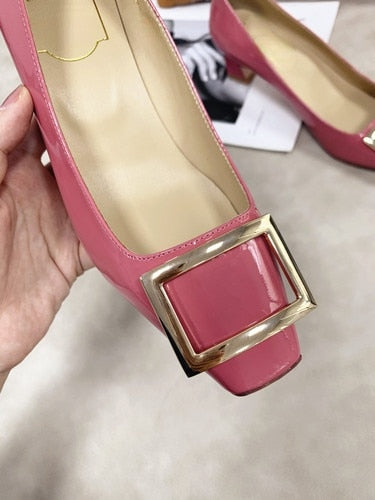 Advbridge Autumn and Winter Women's Shoes Patent Leather Square Toe Thick Heel High Heels Mid-heel Square Buckle  Wedding Shoes