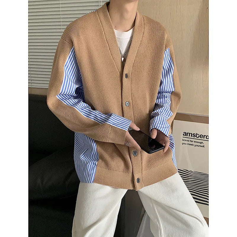 Advbridge High Quality Men's Knitted Sweater Blue Striped Patchwork Loose Casual V-neck Single-breasted Cardigan Coat Autumn New