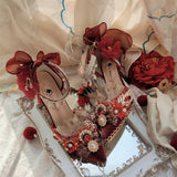 Advbridge Chinese Style Cosplay Girl Shoes Gorgeous Wedding Lace Embroidery Pearl Gem Flower Phoenix Feather Pointed 5-7cm High Heel Shoes