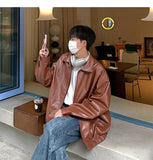 Advbridge All Match Autumn Winter Fashion Men Solid Casual Shirt Loose Pockets Safari Style Leather Jacket Coat Cool Boy Soft