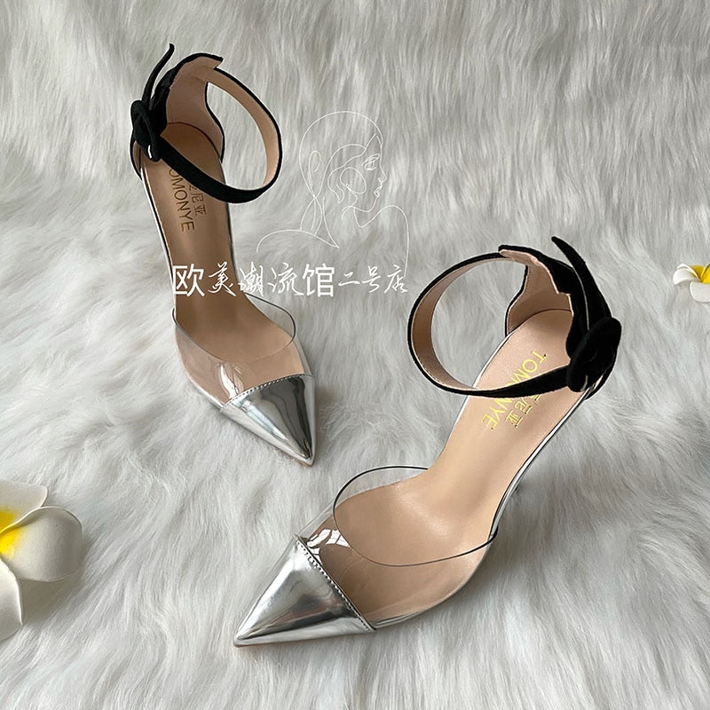 Advbridge Free Shipping Silver PVC Pointed Toe Two Piece Black Suede With Ankle Strap Women Lady 120mm High Heel Shoes Pump