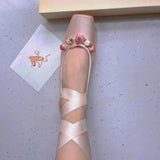 Advbridge 2023 NEW Classic Silk Ballet Shoes Ribbon Lace Up Ballet Shoes Women Square Toe Rose Flower Elegant Valentine Flats Pink Apricot
