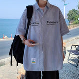 Advbridge Summer Versatile Men's Cool Casual Loose Tess Button T-Shirt Soft Short Sleeve College Style Letters Vertical Stripes Pocket