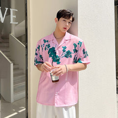 Advbridge Summer Men Shirt Short Sleeve Cuban Collar Vintage Fashion Loose Casual Pink Print Shirts Male Korean Streetwear Shirt