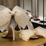 Advbridge Bling Bling rhinestone Mesh Bow Fish Toe Sandals Women's High-Heeled Crystal Mesh butterfly knot Summer Evening Sparkly Sandals