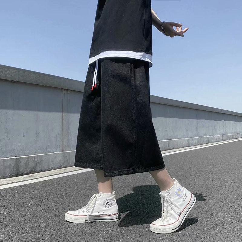 Advbridge Summer Solid Simple Jeans Shorts Male Calf Length Denim Men Elastic Waist Thin Short Jean Pants Mens Oversized Black/Blue