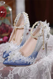 Advbridge French Elegant Vintage Girl Shoes Gradient Starl Sky Flower Pearls Tassels Pointed Sandals Elegant Tea Party 9cm High Heel Shoes