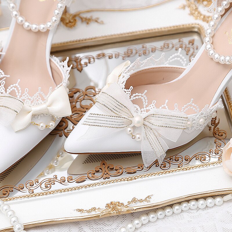 Advbridge Lolita Wedding Dress Bridal Shoes Pearl Crystal Wristband Girl Flower Wedding Lo Shoes White Bowknot French Women's Shoes