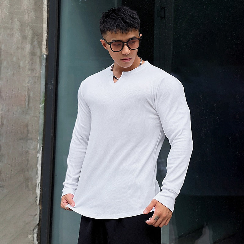 Advbridge Solid Color V-neck Fitness Cotton Long-sleeved Men's High Elastic Slim T-shirt Sports Running Training Quick-drying Tights