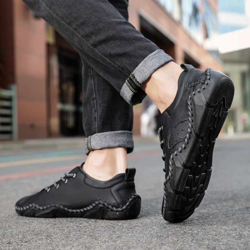 Advbridge Fashion Vintage Handmade Leather Men Shoes New Outdoor Casual Loafers Lace-up Moccasin Tooling Shoes Driving Flat Big Size 38-48