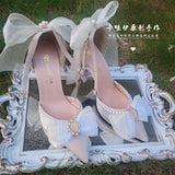 Advbridge Kawaii Girls Spring Pearl Pointed Sandals High Heel Sweet Lolita Shoes Lace Bowknot Princess Cute Girl Women Lolita Shoes Cos
