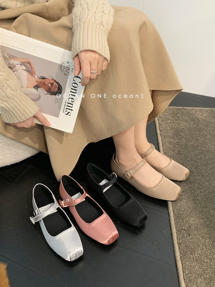 Advbridge 2023 NEW Classic Silk Ballet Shoes Buckle Strap Ballet Shoes Women Square Toe Simple Women Flats Elegant Valentine Shoes