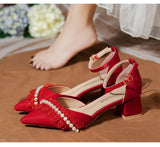 Advbridge Elegant Wedding Shoes Women Korean Style Pearl Ankle Strap Chic Bridal Shoes Female Satin Casual Medium Heels Shoes Autumn