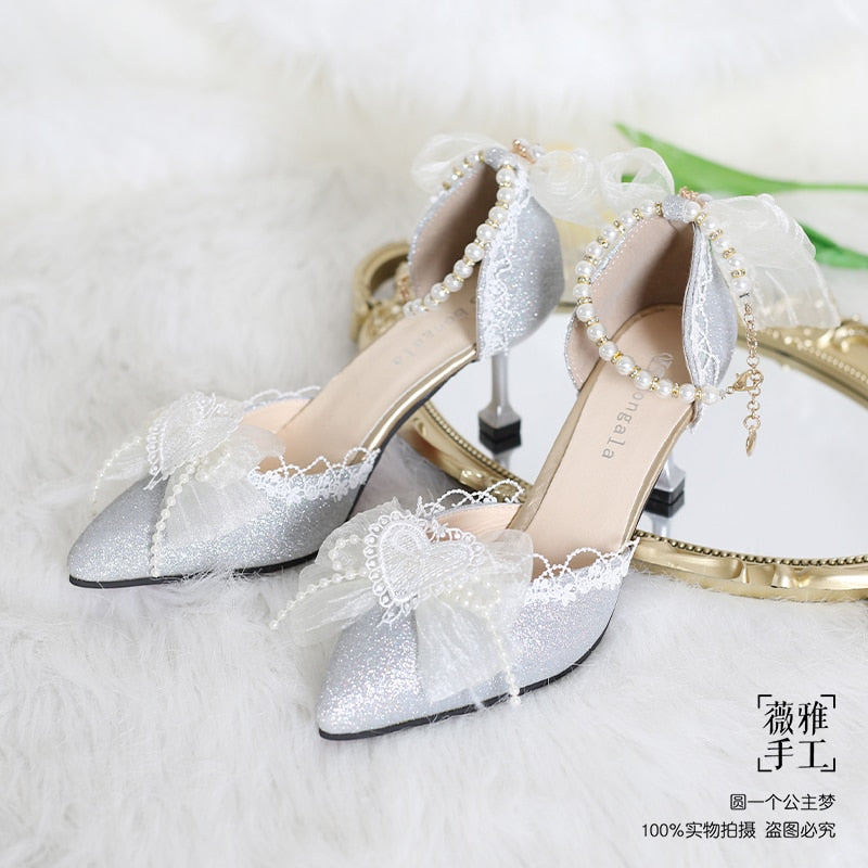 Advbridge Kawaii Girl Tea Party Elegant Pearl Love Lace Bowknot Lolita Shoes Multicolor Exquisite Embroidery Pointed Sandals Cosplay Lolit