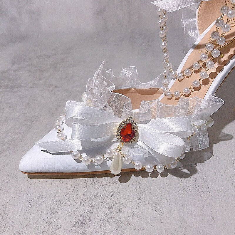 Advbridge Vintage Lolita Style Pointy High-heeled Women's Shoes Pearl Fringe Wristband Chiffon Lace Rhinestone Bridal Flower Wedding Shoes