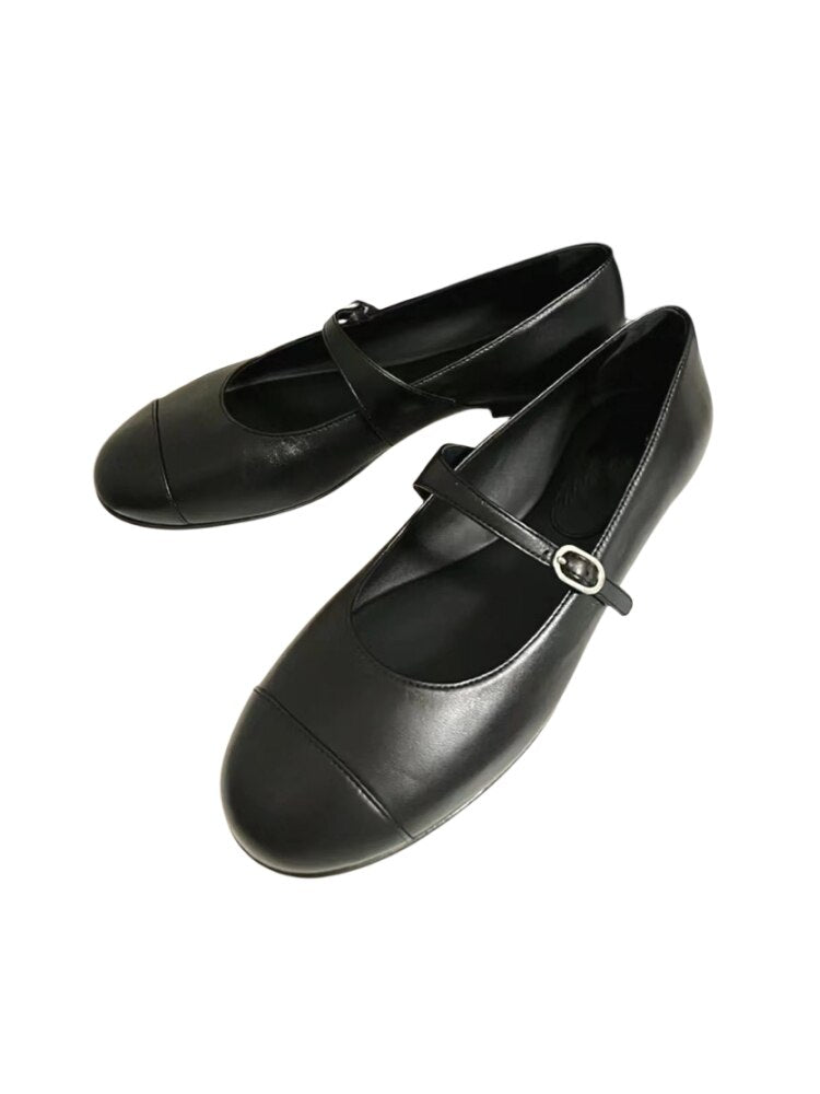 Advbridge Genuine Cow Leather Round Toe Summer Spring Vintage Shoes Mature Sweet Dating Buckle Strap Mary Janes Women Flats