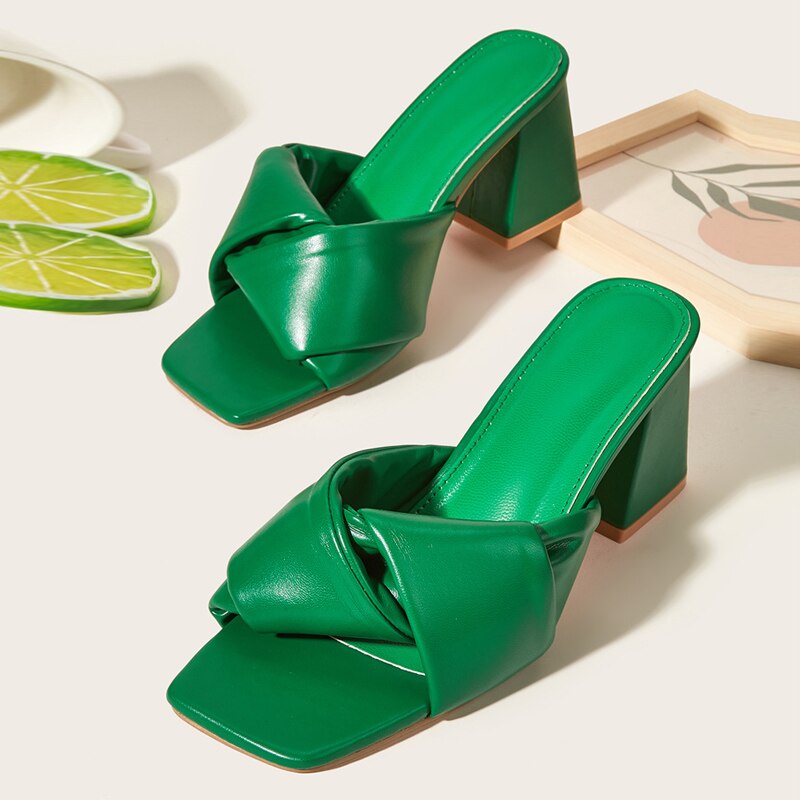 Advbridge High Quality Green Pleated Leather Women Low Square Heels Sliders Slippers Open Toe Casual Gladiator Sandals Beach Shoes