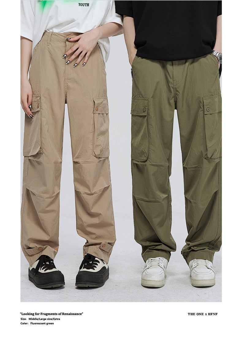 Advbridge Autumn All Season Casual Soft Solid Men's Cool Boys Waist Loose Versatile Overalls Pocket Cargo Pants Button  Unisex