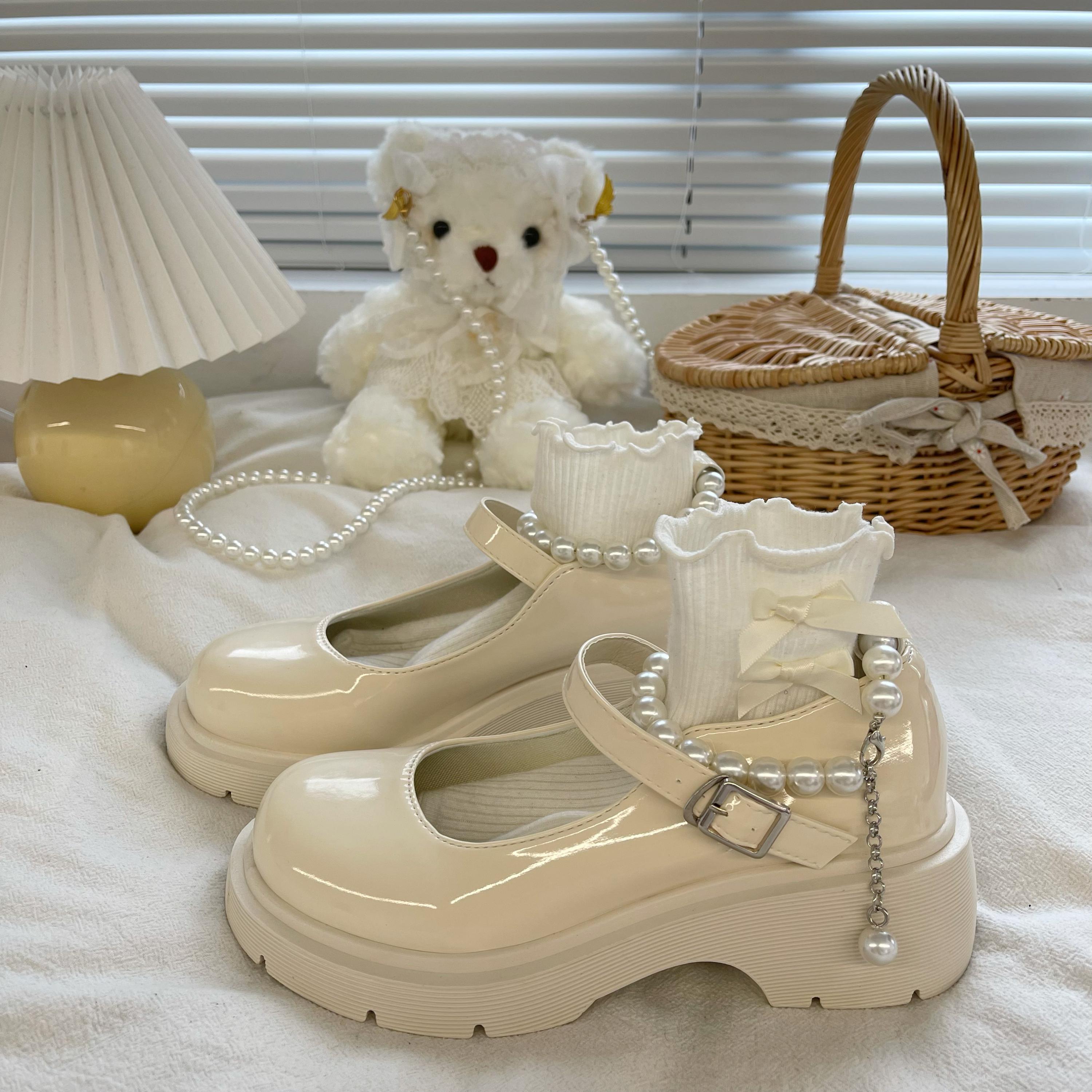 Advbridge Kawaii White British Jk School Girls Loli Shoes Lady Summer New Pearl Fairy Style Thick Platform Mary Jane Mid Heel 4.5cm
